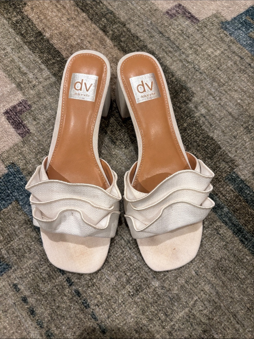 DV by Dolce Vita Cream Ruffle Block Heel Mules
